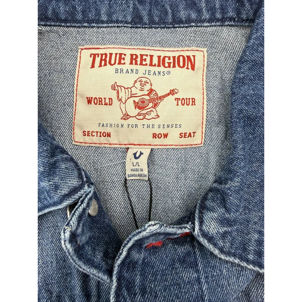 TRUE RELIGION BUTTON FRONT PRINT DENIM JACKET MEDIUM BLUE QUARTZ WASH SZ L NWTB